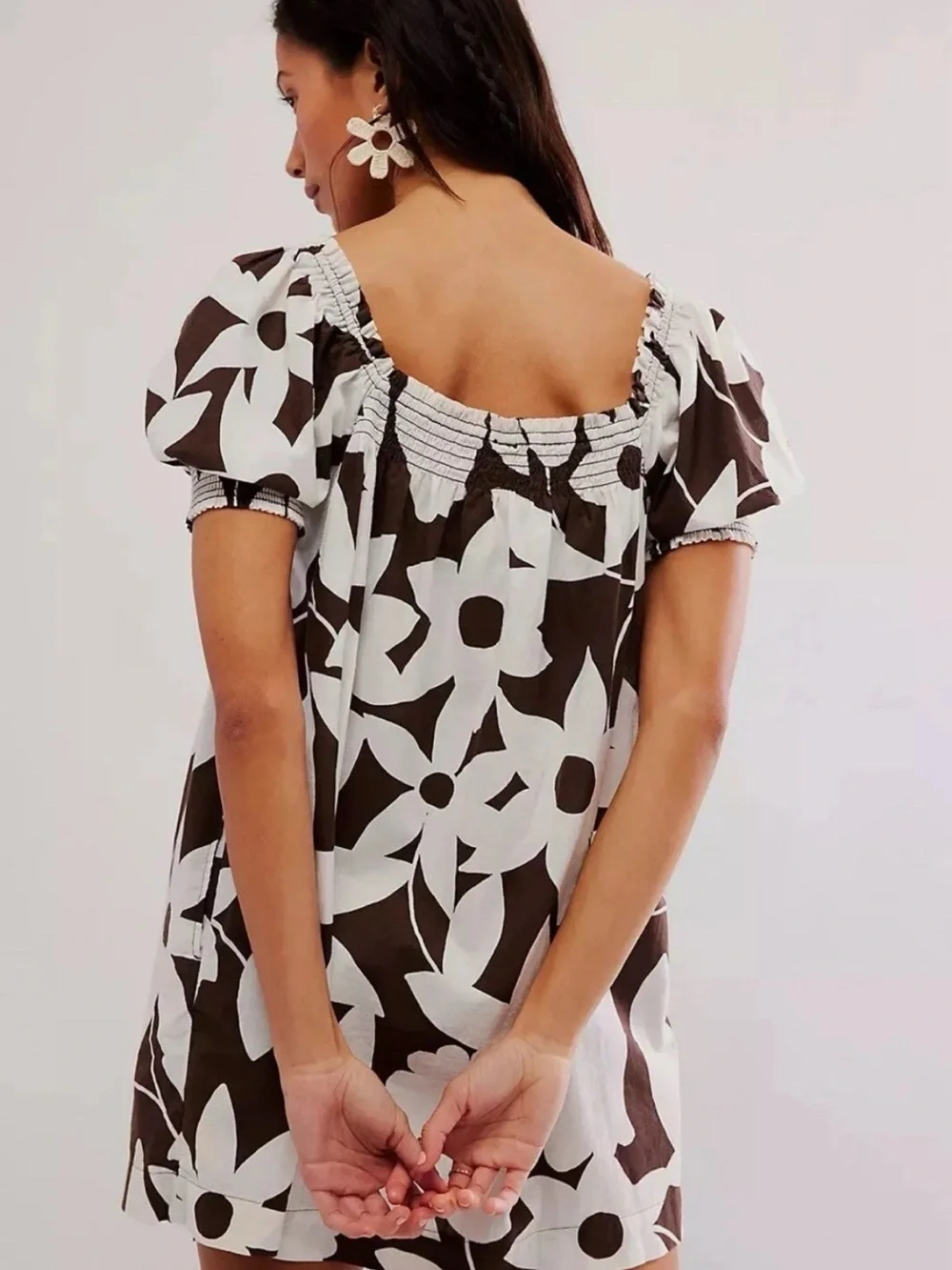 Free People Mika Brown and White Floral Puff-Sleeve Mini Dress NWT